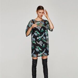 Zara Floral Black Embroidered Sheer Mini Dress Size Medium